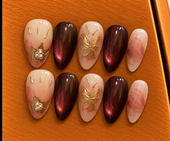 Burgundy Golden Blossom Press-On Nails πΈπ·β¨