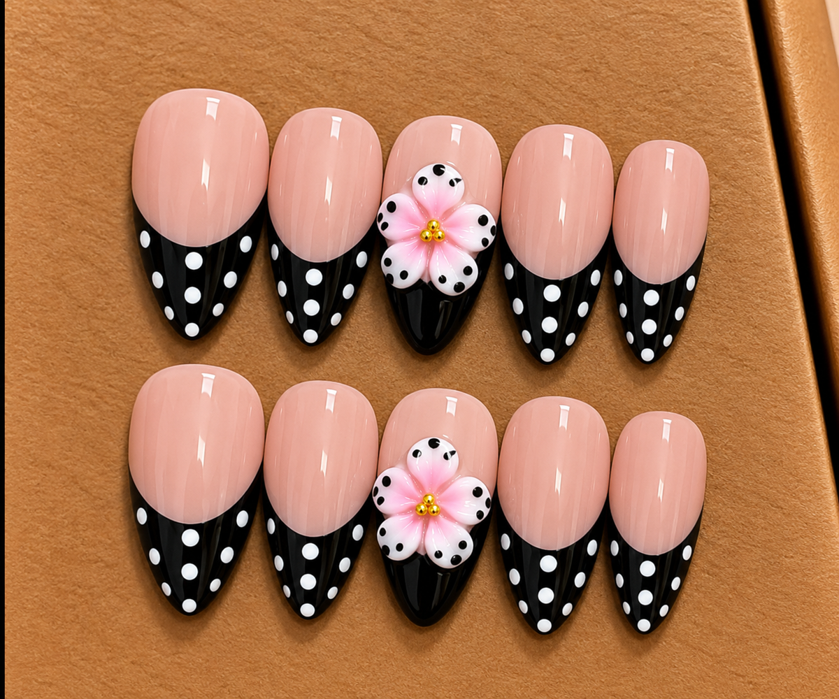 Pink Polka Blossom French Tip Press-On Nails 🌸🖤