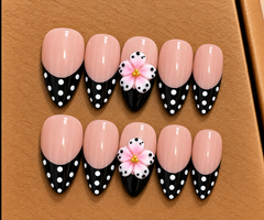 Pink Polka Blossom French Tip Press-On Nails 🌸🖤