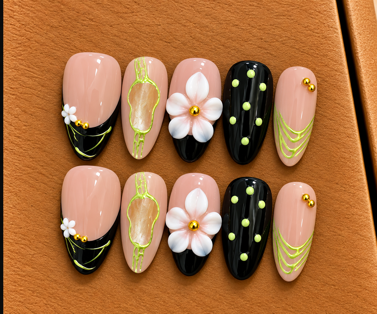 Lime Blossom Black French Tip Press-On Nails 🌸💚