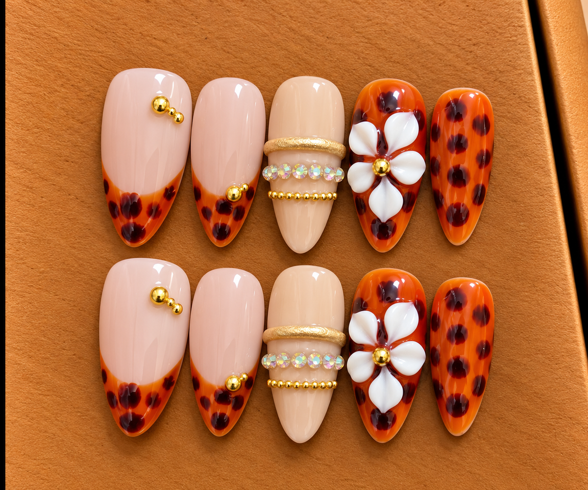 Amber Blossom Tortoiseshell Press-On Nails 🐆🌸