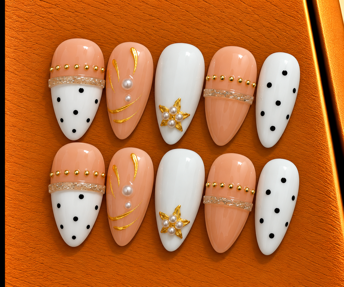 Peach Pearl Polka Dot Press-On Nails 🍑🤍✨