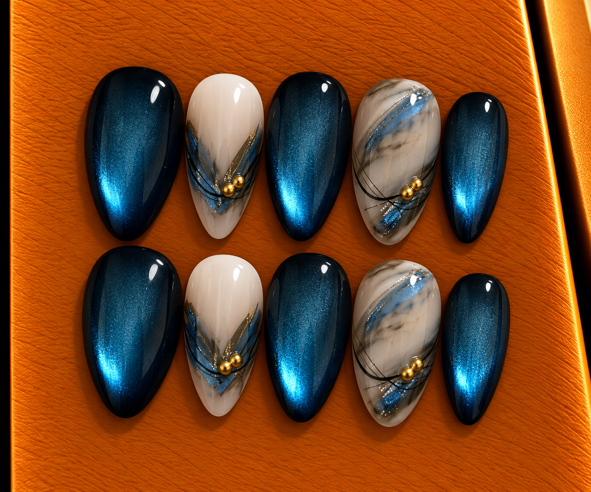 Midnight Ocean Cat Eye Press-On Nails 💙✨