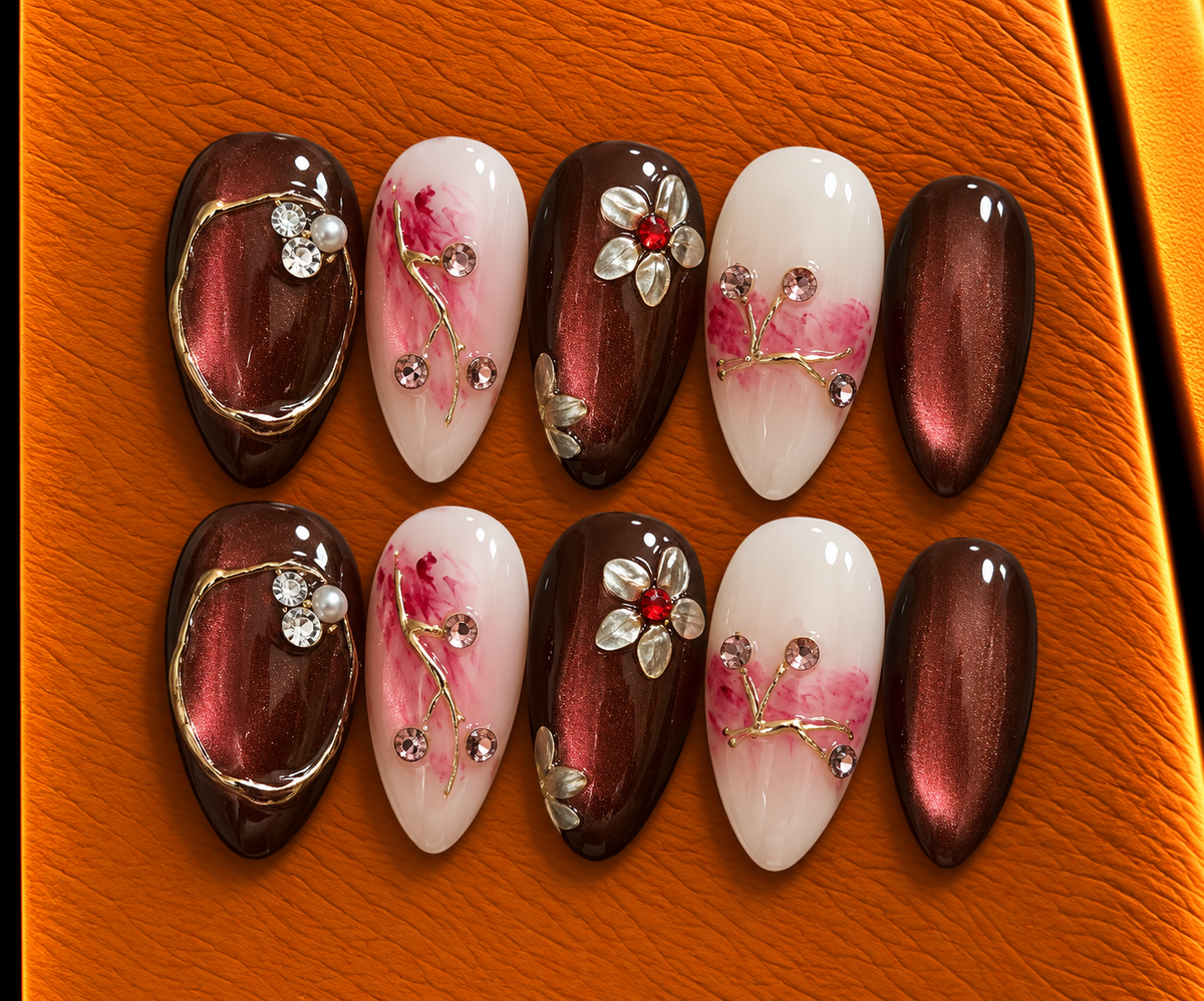 Burgundy Rose Blossom Press-On Nails 🌹🍷✨
