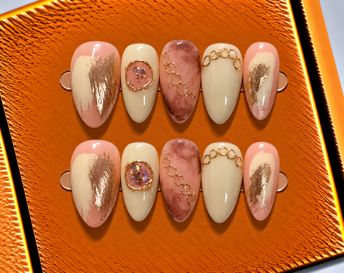 Golden Blush Marble Press-On Nails ✨🤎