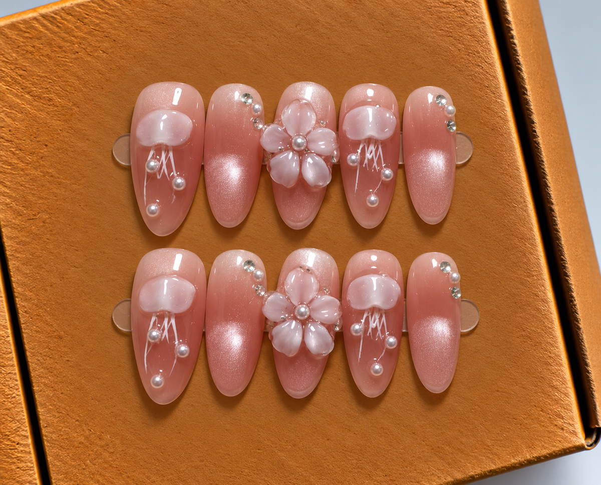 Blush Pearl Blossom Press-On Nails 🌸✨