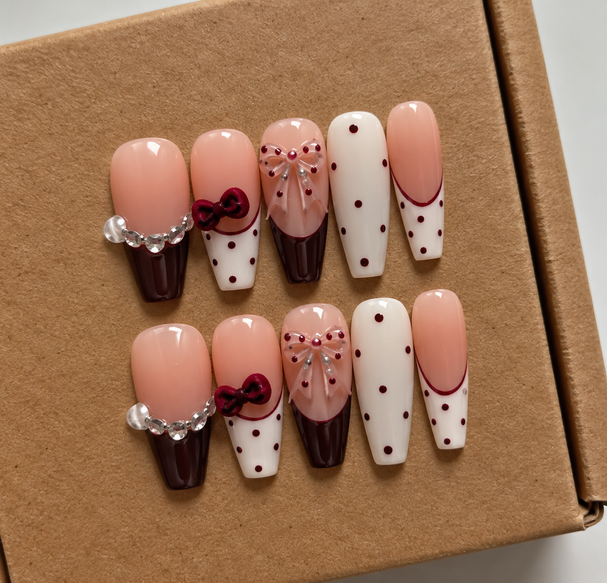 Burgundy Bow Handmade Press-On Nails 🎀❤️