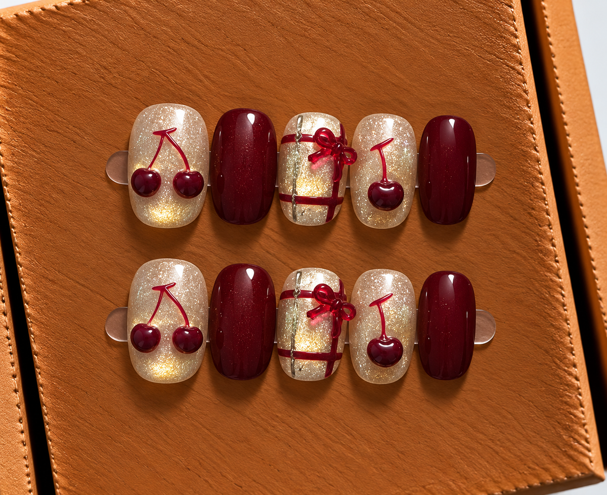 Cherry Bow Luxe Press-On Nails 🍒🎀