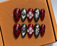 Midnight Ruby Blossom Press-On Nails ❤️🖤