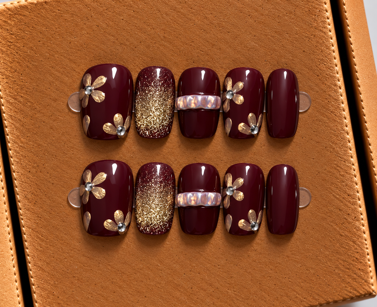 Burgundy Golden Blossom Press-On Nails ❤️✨