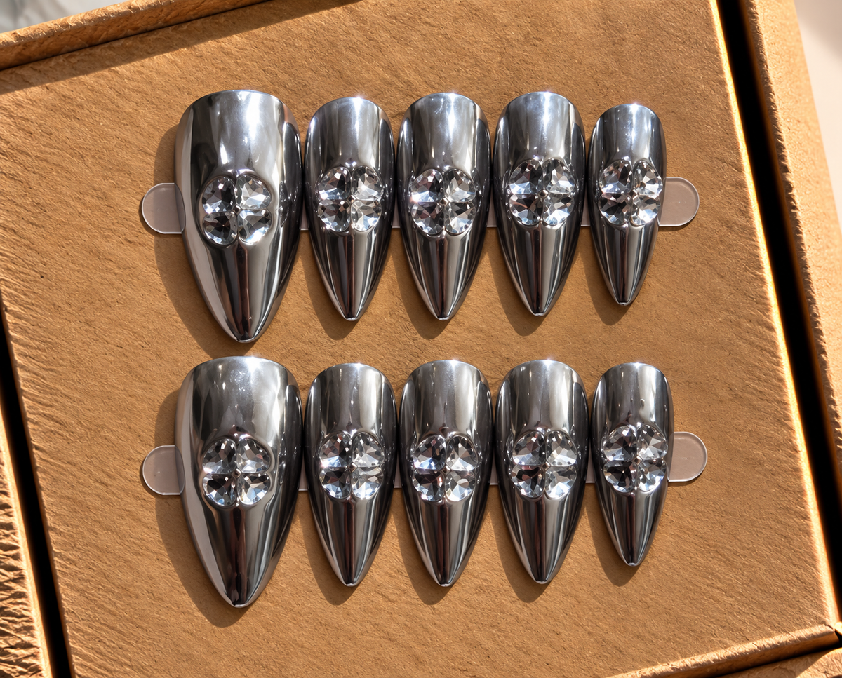 Silver Crystal Chrome Press-On Nails 💎✨