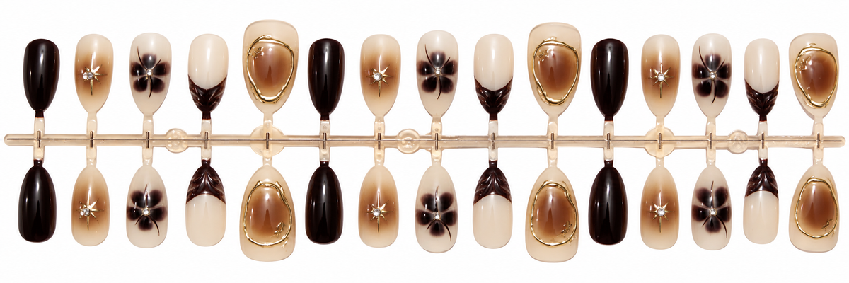 Chocolate Brown | Floral Nail Art | Gold Detailing | Glossy Finish
