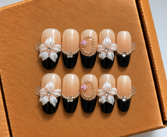 Midnight Pearl Blossom Press-On Nails 🖤🌸