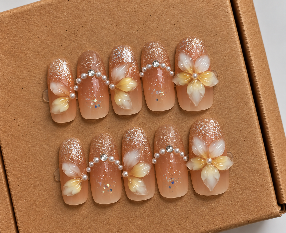 Champagne Blossom Press-On Nails 🌸✨