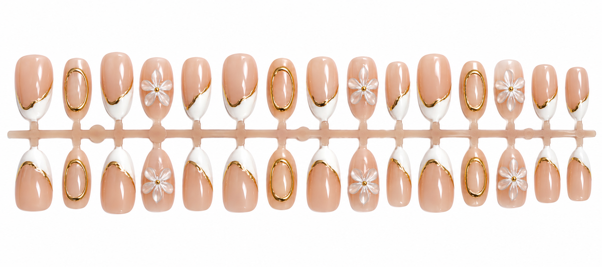 Nude French Floral Press-On Nails – 30 Pieces