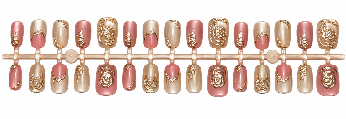 Luxury Rose Gold Floral Press-On Nails – 30 Pieces