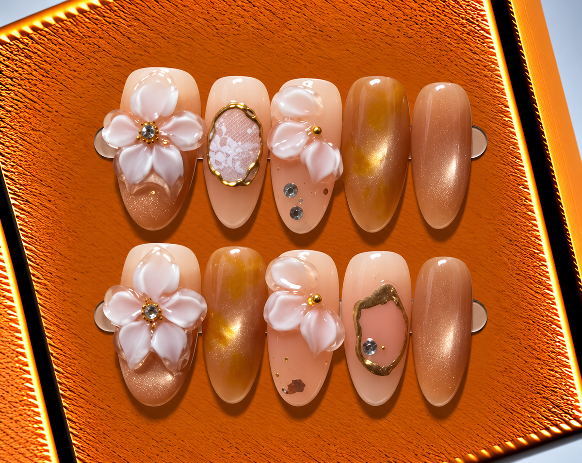Caramel Blossom Press-On Nails 🌸✨