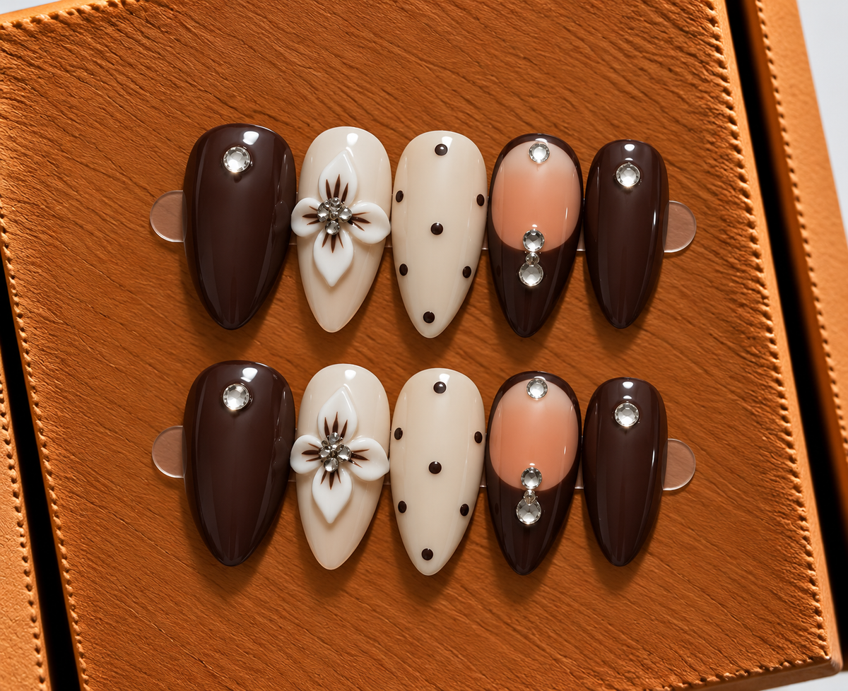 Midnight Mocha Blossom Press-On Nails 🤎✨