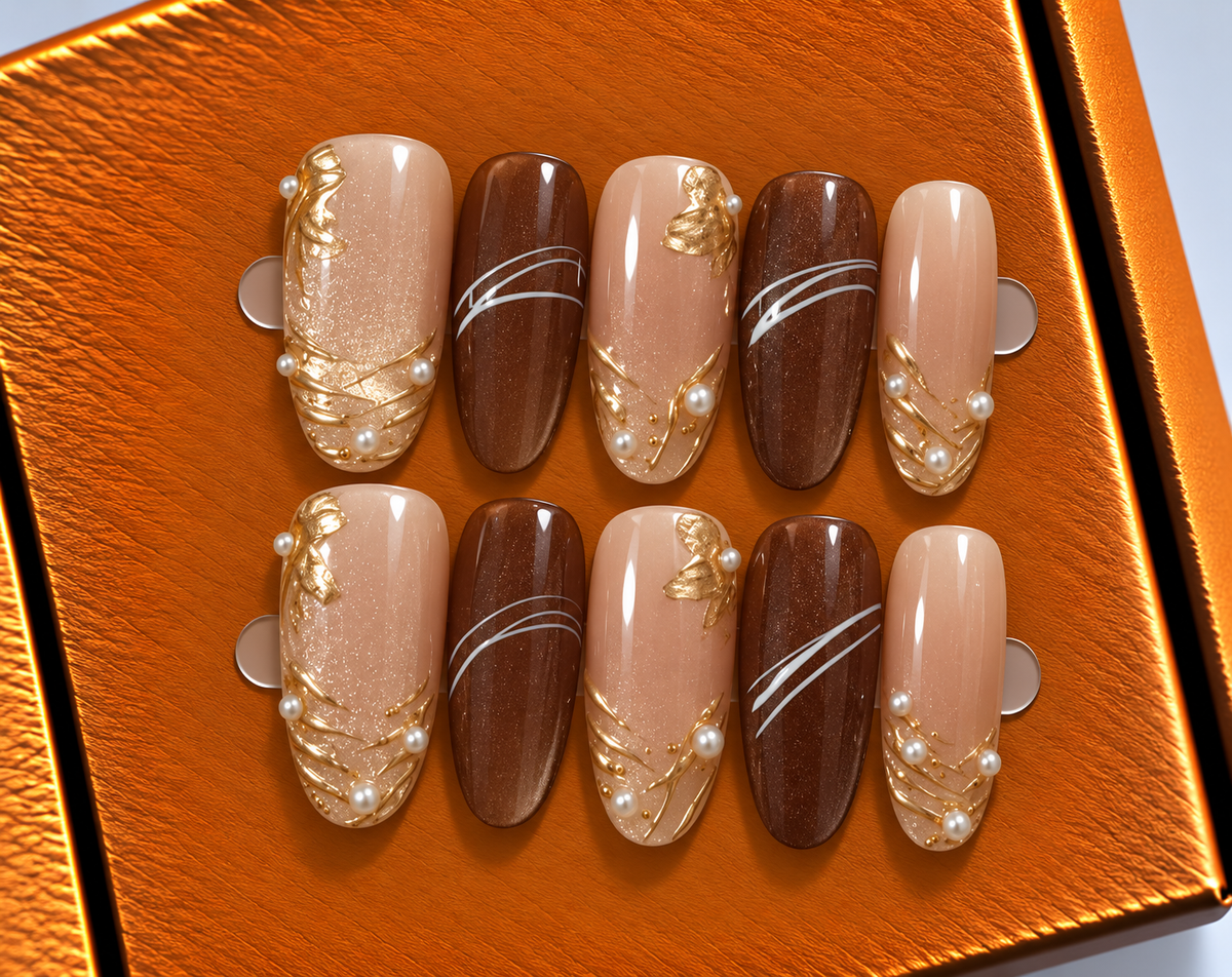 Mocha Gold Elegance Press-On Nails 🤎✨