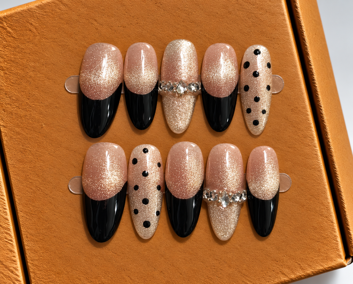 Champagne Noir Glam Press-On Nails 🖤✨