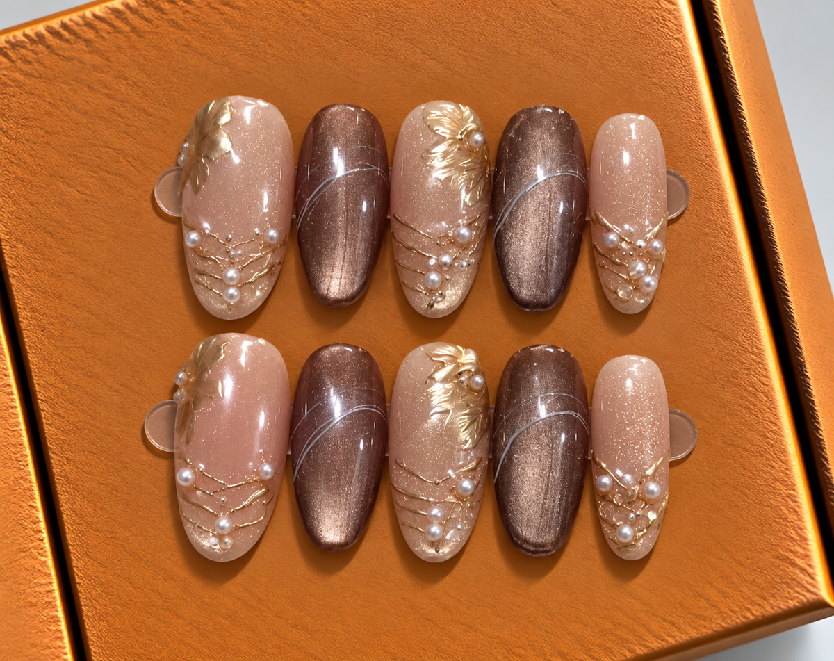 Champagne Pearl Elegance Press-On Nails 🤎✨