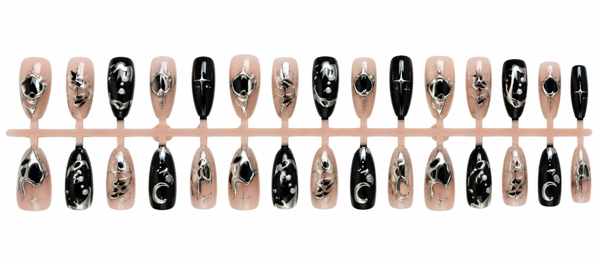 Black &amp; Silver Chrome Press-On Nails – 30 Pieces