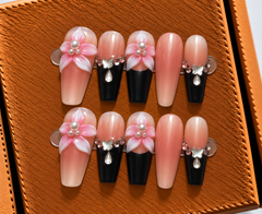 Midnight Pink Blossom Press-On Nails 🖤🌸