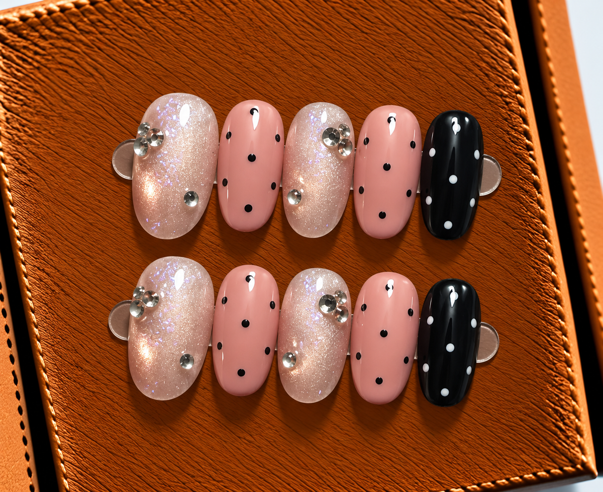 Blush Polka Crystal Press-On Nails 🖤✨