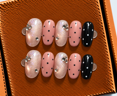 Blush Polka Crystal Press-On Nails 🖤✨