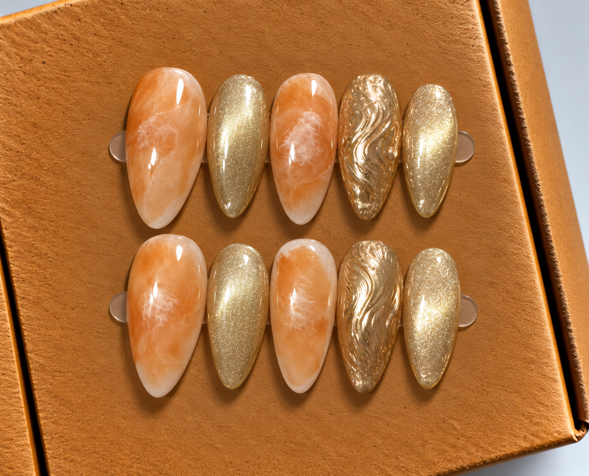 Golden Peach Marble Press-On Nails ✨🧡