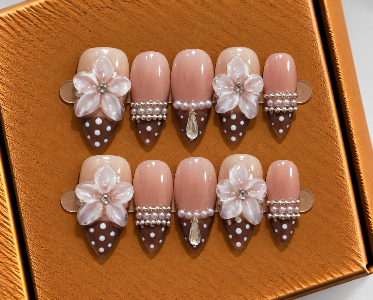 Mocha Pearl Blossom Press-On Nails 🤎🌸