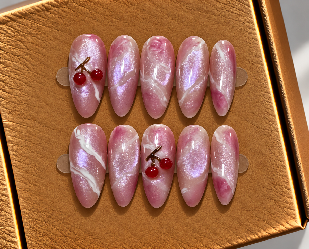 Cherry Blossom Marble Press-On Nails 🍒✨