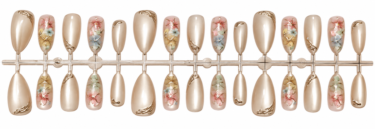 Luxury Champagne Floral Press-On Nails – 30 Pieces