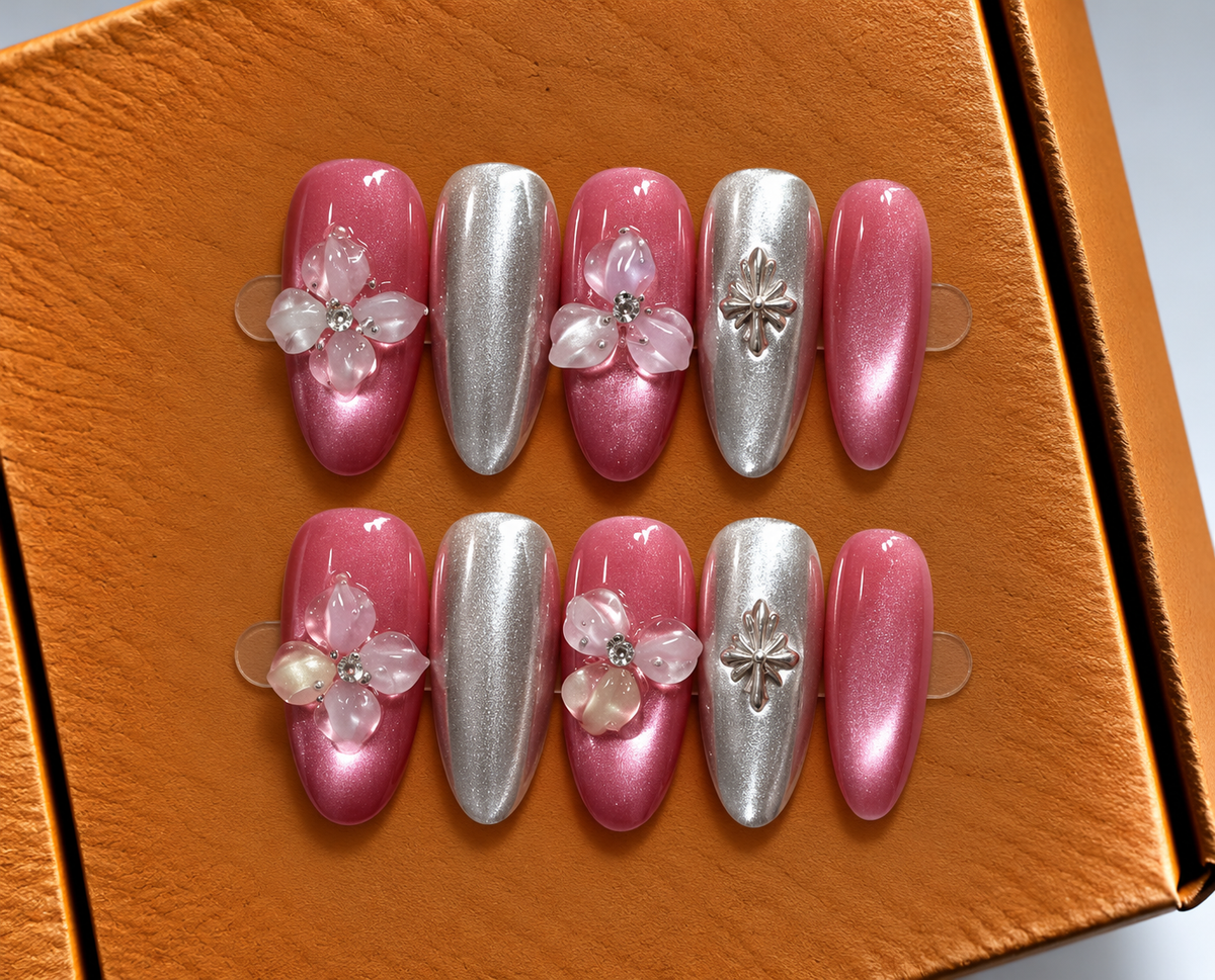 Rose Chrome Blossom Press-On Nails 🌸✨