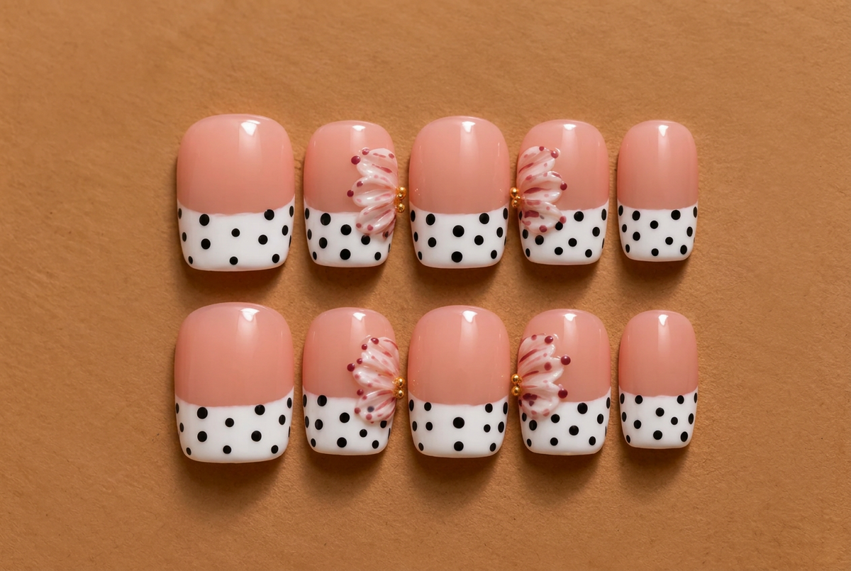 Polka Dot Blossom Press-On Nails 🎀✨