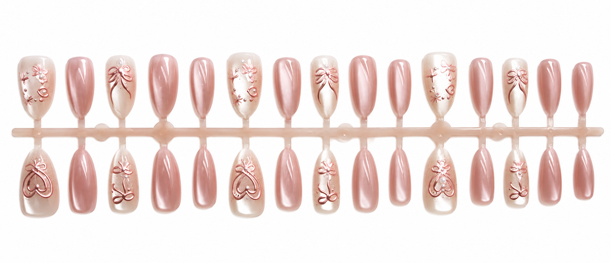 Blush Pink 3D Bow &amp; Heart Press-On Nails – 30 Pieces