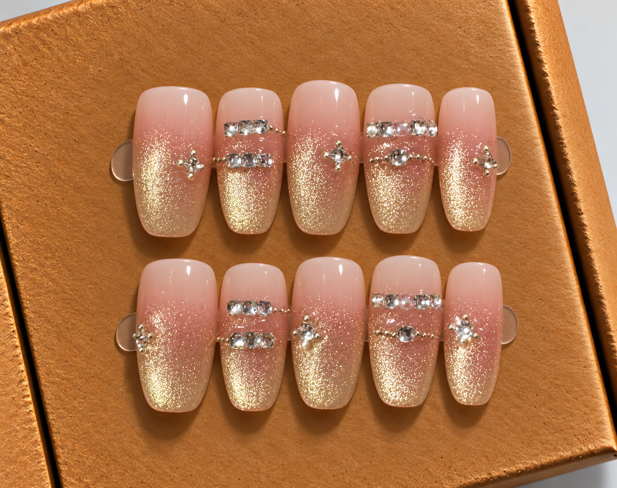 Champagne Glow Rhinestone Press-On Nails ✨