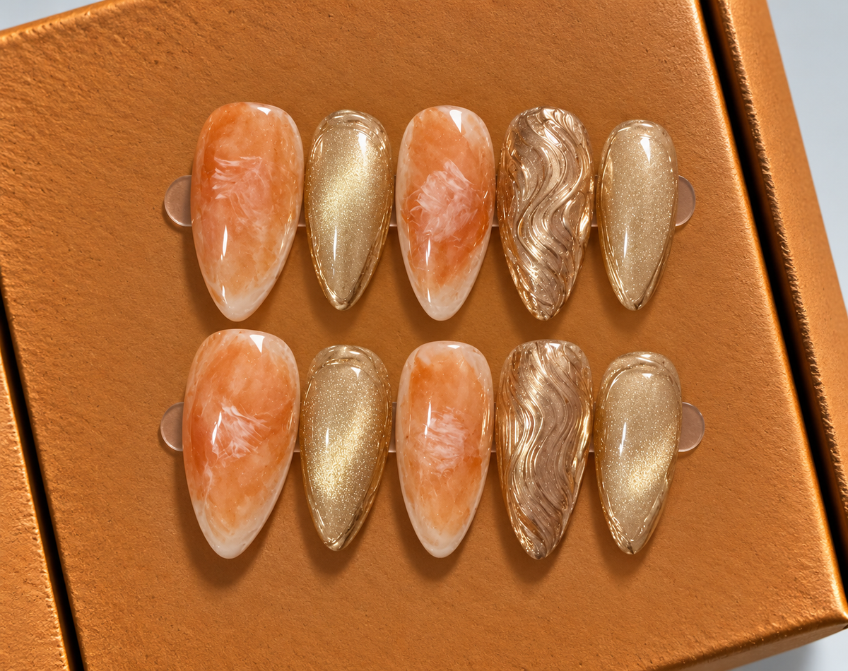 Golden Peach Marble Press-On Nails ✨