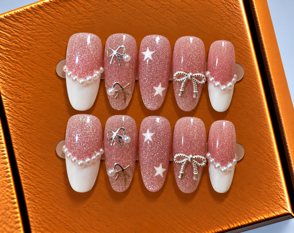 Pink Stardust Bow Press-On Nails 🎀✨