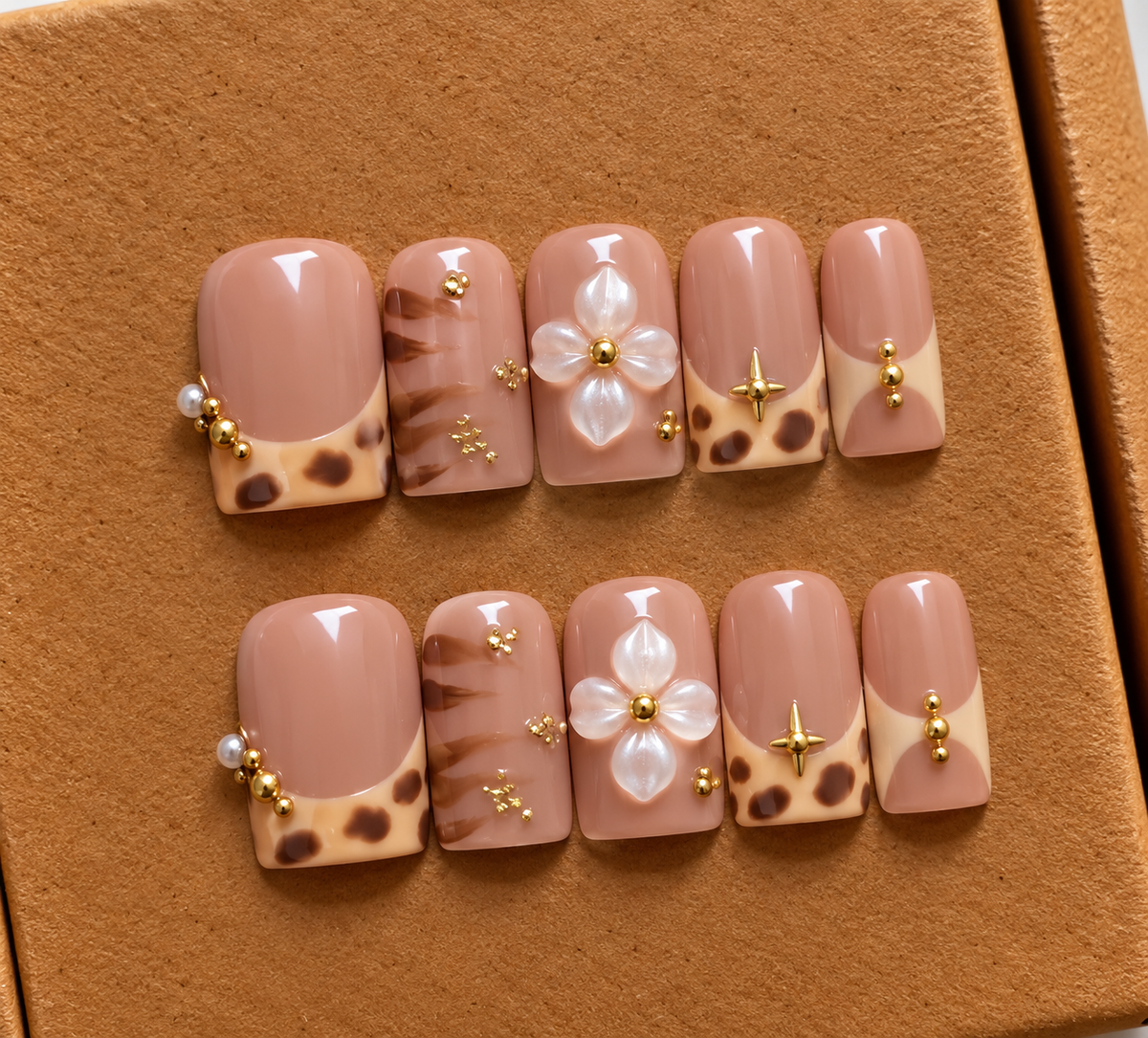 Luxe Leopard Floral Press-On Nails 🤎✨