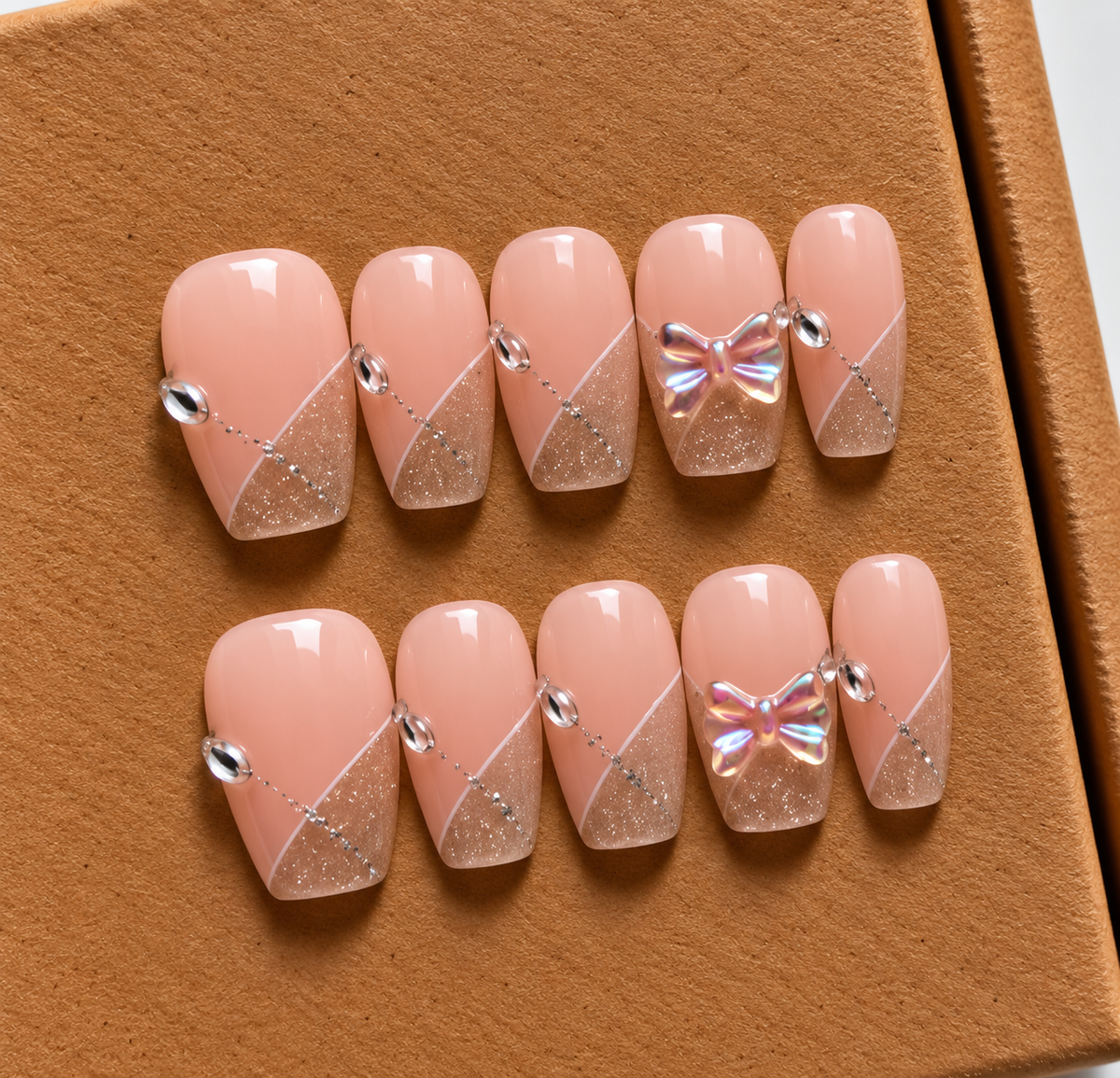 Luxury Champagne Bow Handmade Nails 🎀✨