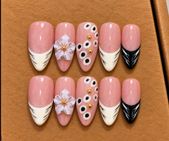 Blush Blossom Black & White French Tip Press-On Nails 🌸🖤