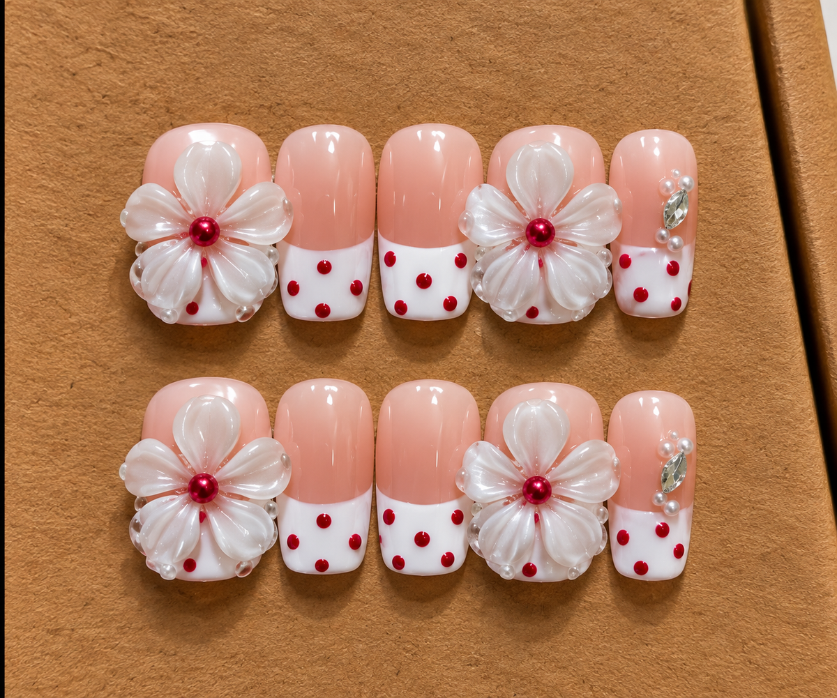 🌸 Cherry Blossom Polka Dot Press-On Nails ❤️