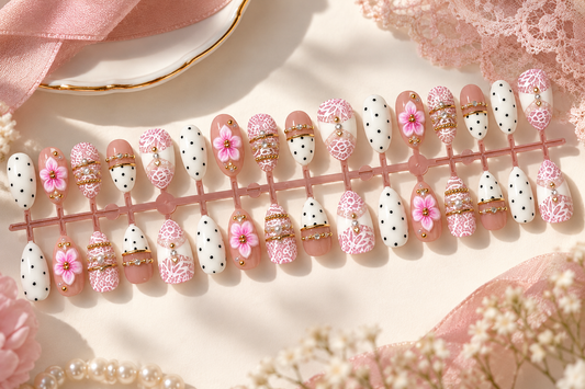 Pink Lace Blossom Polka Dot  Press-On Nails 🌸✨