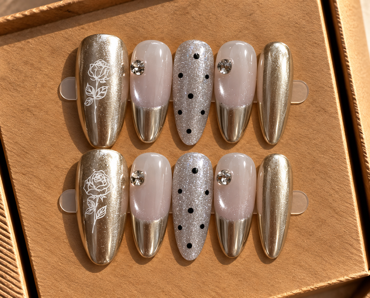 Silver Rose Chrome Press-On Nails 🌹✨