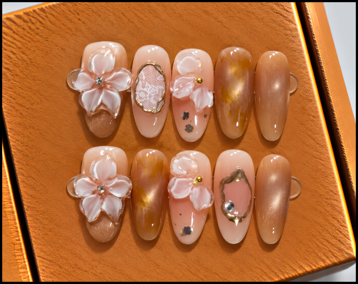 Golden Blossom Press-On Nails 🌸✨